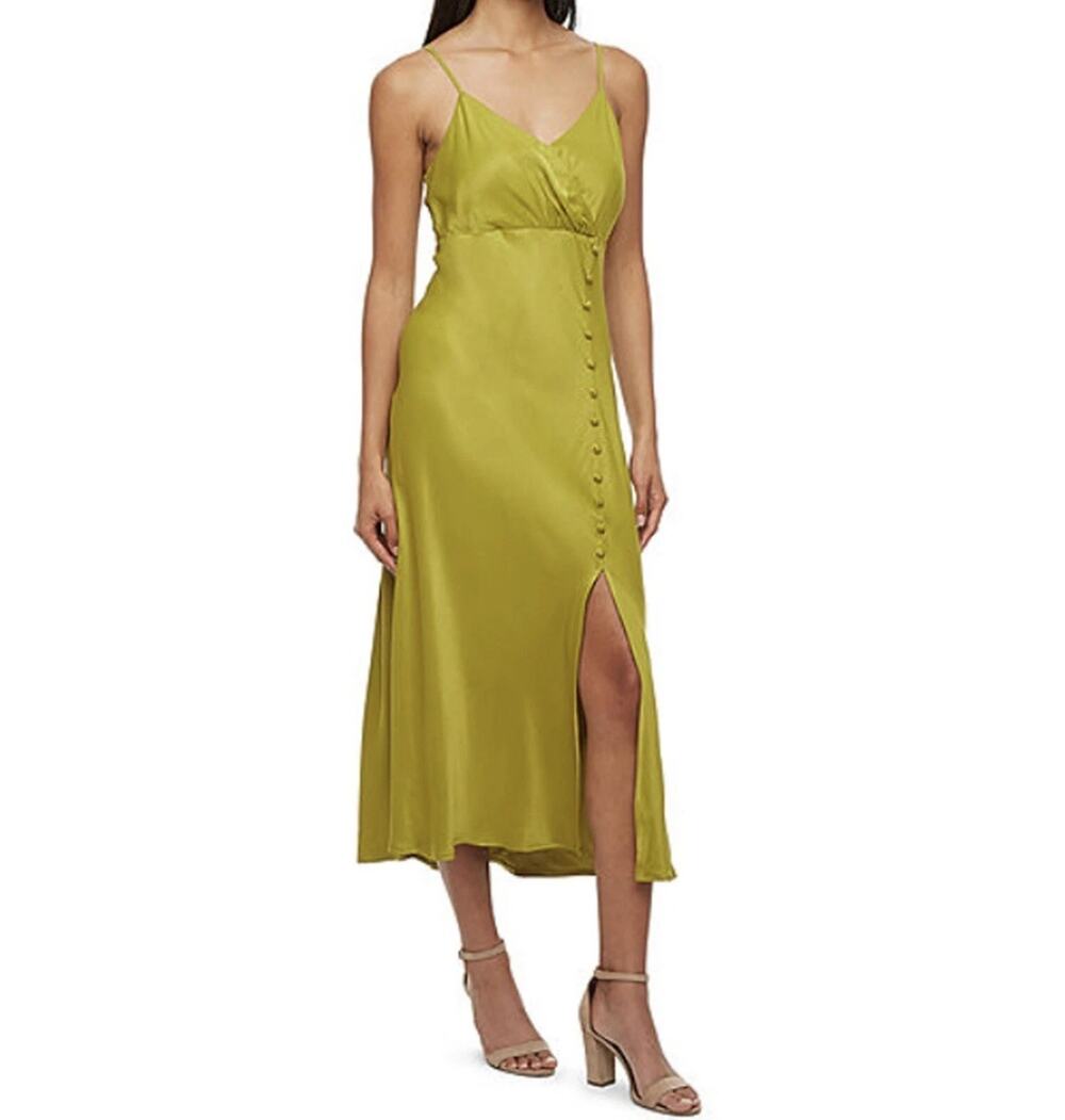 Ryegrass Sleeveless Chartreuse Satin Midi Slip Dress Sz S/M Wedding Guest Dress